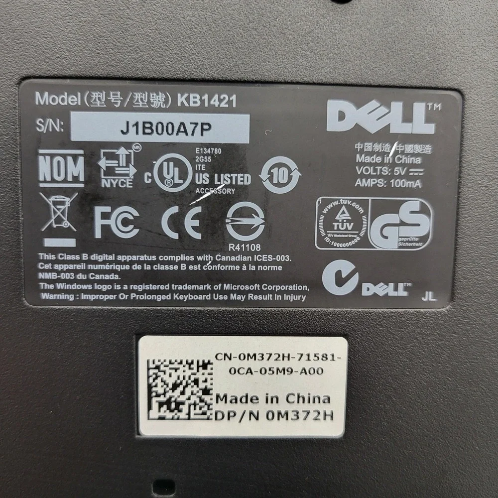 Dell KB1421‎ USB Wired Full Size Keyboard Black Office Work Home PC 